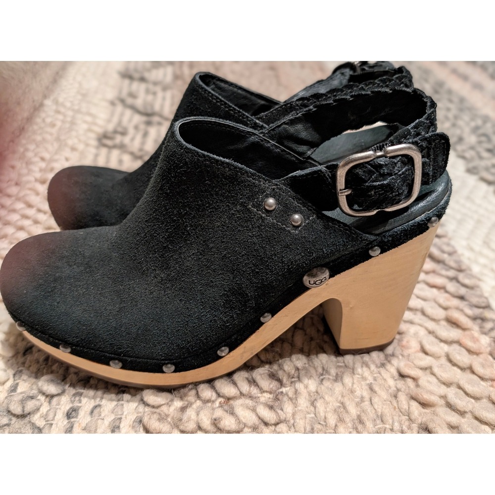 UGG Australia Black Suede Wooden Platform Clogs Slingback Heels y2k boho size 9